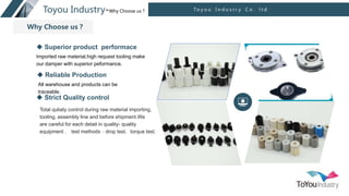 点击此处输入文本内容
点击此处输入文本内容
产品展示
T o y o u I n d u s t r y C o . l t d
Toyou Industry-Why Choose us？
 Superior product performace
Imported raw material,high request tooling make
our damper with superior peformance.
 Reliable Production
All warehouse and products can be
traceable.
 Strict Quality control
Total quliaty control during raw material importing,
tooling, assembly line and before shipment.We
are careful for each detail in quality- quality
equipment ， test methods：drop test，torque test.
Why Choose us？
 