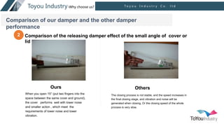 When you open 15° (put two fingers into the
space between the same cover and ground),
the cover performs well with lower noise
and smaller action , which meet the
requirements of lower noise and lower
vibration.
Ours
The closing process is not stable, and the speed increases in
the final closing stage, and vibration and noise will be
generated when closing. Or the closing speed of the whole
process is very slow.
Others
T o y o u I n d u s t r y C o . l t d
Toyou Industry-Why choose us?
Comparison of the releasing damper effect of the small angle of cover or
lid
Comparison of our damper and the other damper
performance
2
 