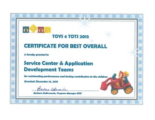 Certificate for Best Overall Design - Toys for Tots 2015