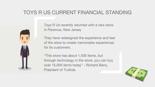 TOYS R US CURRENT FINANCIAL STANDING
Toys R Us recently returned with a new store
in Paramus, New Jersey
They have redesigned the experience and feel
of the store to create memorable experiences
for its customers.
“This store has about 1,500 items, but
through technology in the store, you can buy
over 15,000 items today” - Richard Barry,
President of TruKids
 