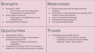 ● Founded in 1948
○ Over 70 years of retail experience
○ Established and popular brand
● Wide variety of products
○ Video games, educational toys, and
traditional toys
● Strong distribution network
● International markets
● Implementing technology to rejuvenate e-
commerce market share
○ Support of Target’s e-commerce
capabilities
● Overall restructuring of Toys R Us’ business
model from Tru Kids Brands (parent company)
● Recent bankruptcy has damaged financial
credibility
● Dependent on seasonal sales and changes in the
trends of consumer behavior
● Lack of competitive advantage
● Outdated technology systems
● Low product differentiation
● Competitiveness of retail industry
○ Emergence of e-commerce markets
○ Competitive pricing from large retailers
(Walmart, Target, and Amazon)
Strengths Weaknesses
Opportunities Threats
 