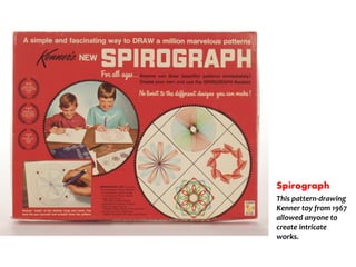 Spirograph
This pattern-drawing
Kenner toy from 1967
allowed anyone to
create intricate
works.
 