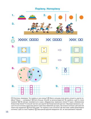 12
Порівну. Непорівну
3.
2.
4.
5.
6.
9.8.
1.
7.
1 Розглянь пірамідки. Чи порівну в них кілець? 2 Якого кольору лінія ділить кількість кругів по-
рівну? Якого — непорівну? 3 Кого більше: бігунів чи велосипедистів? Як зробити, щоб їх стало
порівну? 6 Які фігури знаходяться в крузі, обмеженому червоною лінією? У крузі, обмеженому
блакитною лінією? У спільній частині цих кругів? 7 Геометричний диктант. Відтвори малюнок у зо-
шиті й на 2 клітинки нижче від даного хрестика намалюй ще один. На скільки клітинок цей хрестик
нижче від кружечка? 8 Розглянь вежі. Чи порівну в них клітинок? До якої вежі треба домалювати
клітинки, щоб їх стало порівну? 9 Заштрихуй другий квадратик так, як заштриховано перший.
 