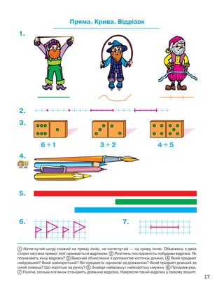 17
Пряма. Крива. Відрізок
1.
3.
4.
5.
6.
2.
7.
1 Натягнутий шнур схожий на пряму лінію, не натягнутий — на криву лінію. Обмежена з двох
сторін частина прямої лінії називається відрізком. 2 Розглянь послідовність побудови відрізка. Як
позначають кінці відрізка? 3 Виконай обчислення з допомогою кісточок доміно. 4 Який предмет
найдовший? Який найкоротший? Які предмети однакові за довжиною? Який предмет довший за
синій олівець? Що коротше за ручку? 5 Знайди найдовшу і найкоротшу смужки. 6  Продовж ряд.
7 Полічи, скільки клітинок становить довжина відрізка. Накресли такий відрізок у своєму зошиті.
 