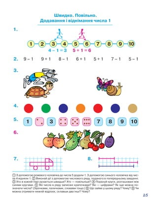 25
Швидко. Повільно.
Додавання і віднімання числа 1
1.
1 3 7 8 9 10
9 – 1 9 + 1 8 – 1 6 + 1 5 + 1 7 – 1 5 – 12.
3.
4.
5.
6.
7. 8.
4 – 1 = 3 5 + 1 = 6
1 З допомогою рожевого чоловічка до числа 5 додали 1. З допомогою синього чоловічка від чис-
ла 4 відняли 1. 2 Виконай дії з допомогою числового ряду, поданого в попередньому завданні.
3 Хто в кожній парі рухається швидше? Хто — повільніше? 4  Порахуй круги, розташовані між
синіми кругами. 5 Які числа в ряду записані крапочками? Які — цифрами? Як іще можна по-
значати числа? (Зірочками, паличками, словами тощо.) 6 Що зайве у цьому ряду? Чому? 8  Чи
можна отримати нижній відрізок, склавши два інші? Чому?
 