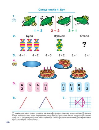 32
Склад числа 4. Кут
1 + 3 2 + 2 3 + 1
1.
4 – 1 4 – 2 4 – 3 2 + 2 3 – 1 3 + 13.
4.
А
2
K
1
A
4
B
3
H
2
O
1
K
4
I
3
5.
6. 7.
2. СталоБуло Купили
1 З яких двох чисел можна утворити число 4? 4 Що було спочатку, а що — потім? 5 Запиши
літери першого слова (вони на рожевому тлі) у порядку зростання чисел, а другого (на блакит-
ному тлі) — у порядку спадання чисел. Прочитай слова. 6 Синій і червоний відрізки утворюють
кут. Скільки кутів у трикутнику?
?
 