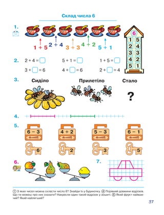 37
Склад числа 6
1.
5 + 1 = 1 + 5 =2 + 4 =
4 + = 6 2 + = 43 + = 6
2.
3.
4.
6 – 3
6
4 + 2
2
5 – 3
3
6 – 1
5
5.
6. 7.
1 З яких чисел можна скласти число 6? Знайди їх у будиночку. 4 Порівняй довжини відрізків.
Що ти можеш про них сказати? Накресли один такий відрізок у зошиті. 6 Який фрукт найваж-
чий? Який найлегший?
Сиділо СталоПрилетіло
?
1 + 5
2 + 4
3 + 3
4 + 2
5 + 1
 