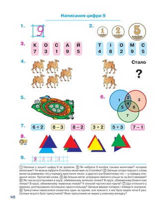 48
1 Напиши у зошиті цифру 9 за зразком. 2 Як набрати 9 копійок трьома монетами? чотирма
монетами? Чи можна набрати 9 копійок монетами по 2 копійки? 3 Запиши літери першого слова
(вони на рожевому тлі) у порядку зростання чисел, а другого (на блакитному тлі) — у порядку спа-
дання чисел. Прочитай слова. 5  Де більше квітів: усередині зміїного кільця чи за його межами?
6 Які числа розташовані в крузі, обмеженому зеленою лінією? В крузі, обмеженому блакитною
лінією? В крузі, обмеженому червоною лінією? У спільній частині всіх кругів? 7 Що спільного у
виразах, розташованих на плашках одного кольору? Запиши вирази попарно і знайди їх значення.
8 Трикутники намагалися сховатись один за одним, але кожного з них було видно хоча б раз.
Скільки всього було трикутників? Яких трикутників не видно у кожному випадку?
Написання цифри 9
2.1.
3. К
7
О
3
С
1
А
9
Й
5
Т
4
І
8
О
2
М
9
С
5
4.
5. 6.
6 + 2 8 – 3 8 – 2 3 + 2 5 + 3 7 – 17.
9.
8.
1
7
3
5 6
2
4
Стало
?
 