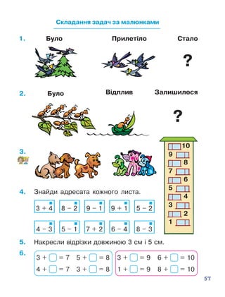 57
Було Прилетіло Стало
Складання задач за малюнками
4.	 Знайди адресата кожного листа.
5.	 Накресли відрізки довжиною 3 см і 5 см.
3 + 4 8 – 2 9 – 1 9 + 1 5 – 2
4 – 3 5 – 1 7 + 2 6 – 4 8 – 3
10
9
8
6
4
2
7
5
3
1
3 + = 7 5 + = 8
4 + = 7 3 + = 8
3 + = 9 6 + = 10
1 + = 9 8 + = 10
Було Відплив Залишилося
6.
3.
2.
1.
?
?
 