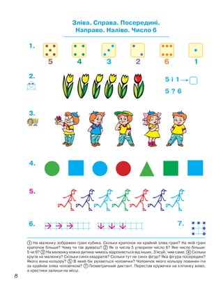 8
Зліва. Справа. Посередині.
Направо. Наліво. Число 6
125 4 63
5 і 1
5 ? 6
1 На малюнку зображені грані кубика. Скільки крапочок на крайній зліва грані? На якій грані
крапочок більше? Чому ти так думаєш? 2 Як із числа 5 утворили число 6? Яке число більше:
5 чи 6? 3 На малюнку кожна дитина чимось відрізняється від інших. З’ясуй, чим саме. 4 Скільки
кругів на малюнку? Скільки синіх квадратів? Скільки тут не синіх фігур? Яка фігура посередині?
Якого вона кольору? 5 В який бік рухаються чоловічки? Чоловічок якого кольору повинен іти
за крайнім зліва чоловічком? 7 Геометричний диктант. Перестав кружечки на клітинку вліво,
а хрестики залиши на місці.
1.
2.
3.
4.
5.
6. 7.
 