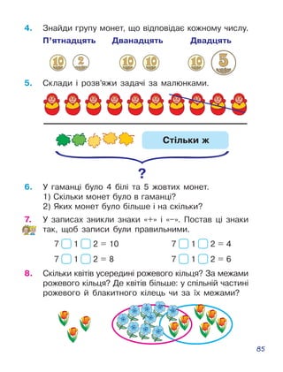 85
4.	 Знайди групу монет, що відповідає кожному числу.
П’ятнадцять Дванадцять Двадцять
5.	 Склади і розв’яжи задачі за малюнками.
Стільки ж
6.	 У гаманці було 4 білі та 5 жовтих монет.
1) Скільки монет було в гаманці?
2) Яких монет було більше і на скільки?
7 1 2 = 10
7 1 2 = 8
7 1 2 = 4
7 1 2 = 6
7.	 У записах зникли знаки «+» і «–». Постав ці знаки
так, щоб записи були правильними.
8.	 Скільки квітів усередині рожевого кільця? За межами
рожевого кільця? Де квітів більше: у спільній частині
рожевого й блакитного кілець чи за їх межами?
 