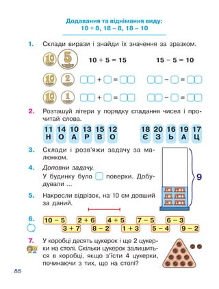88
Додавання та віднімання виду:
10 + 8, 18 – 8, 18 – 10
1.	 Склади вирази і знайди їх значення за зразком.
2.	 Розташуй літери у порядку спадання чисел і про­
читай слова.
10 + 5 = 15 15 – 5 = 10
+ = – =
+ = – =
18
Є
20
З
16
Ь
19
А
17
Ц
11
Н
14
О
10
А
13
Р
15
В
12
О
3.	 Склади і розв’яжи задачу за ма­
люнком.
5.	 Накресли відрізок, на 10 см дов­ший
за даний.
4.	 Доповни задачу.
У будинку було поверхи. Добу­
дували ...
9
7.	 У коробці десять цукерок і ще 2 цукер­
ки на столі. Скіль­ки цукерок залишить­
ся в коробці, якщо з’їсти 4 цу­керки,
починаючи з тих, що на столі?
10 – 5 2 + 6 4 + 5 7 – 5 6 – 3
3 + 7 8 – 2 1 + 3 5 – 4 9 – 2
6.
 