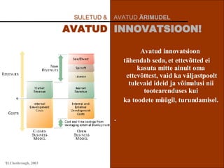 Avatud innovatsioon  tähendab seda, et ettevõtted ei kasuta mitte ainult oma ettevõttest, vaid ka väljastpoolt tulevaid ideid ja võimalusi nii tootearenduses kui ka toodete müügil, turundamisel. .  SULETUD &   AVATUD  ÄRIMUDEL AVATUD  INNOVATSIOON! 1 H.Chesbrough, 2003 
