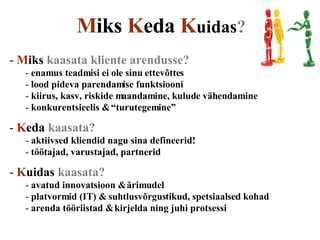 M iks  K eda  K uidas? M iks   kaasata kliente arendusse? enamus teadmisi ei ole sinu ettevõttes lood pideva parendamise funktsiooni kiirus, kasv, riskide maandamine, kulude vähendamine konkurentsieelis & “turutegemine” K eda   kaasata?  aktiivsed kliendid nagu sina defineerid! töötajad, varustajad, partnerid K uidas   kaasata?   avatud innovatsioon & ärimudel platvormid (IT) & suhtlusvõrgustikud, spetsiaalsed kohad arenda tööriistad & kirjelda ning juhi protsessi 
