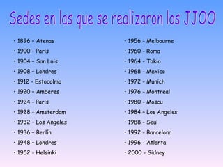 Sedes en las que se realizaron los JJOO •  1896 – Atenas •  1900 – Paris •  1904 – San Luis •  1908 – Londres •  1912 - Estocolmo •  1920 – Amberes •  1924 - Paris •  1928 - Amsterdam •  1932 – Los Angeles •  1936 – Berlín •  1948 – Londres •  1952 - Helsinki •  1956 - Melbourne •  1960 - Roma •  1964 - Tokio •  1968 - Mexico •  1972 - Munich •  1976 - Montreal •  1980 - Moscu •  1984 – Los Angeles •  1988 - Seul •  1992 - Barcelona •  1996 - Atlanta •  2000 - Sidney 
