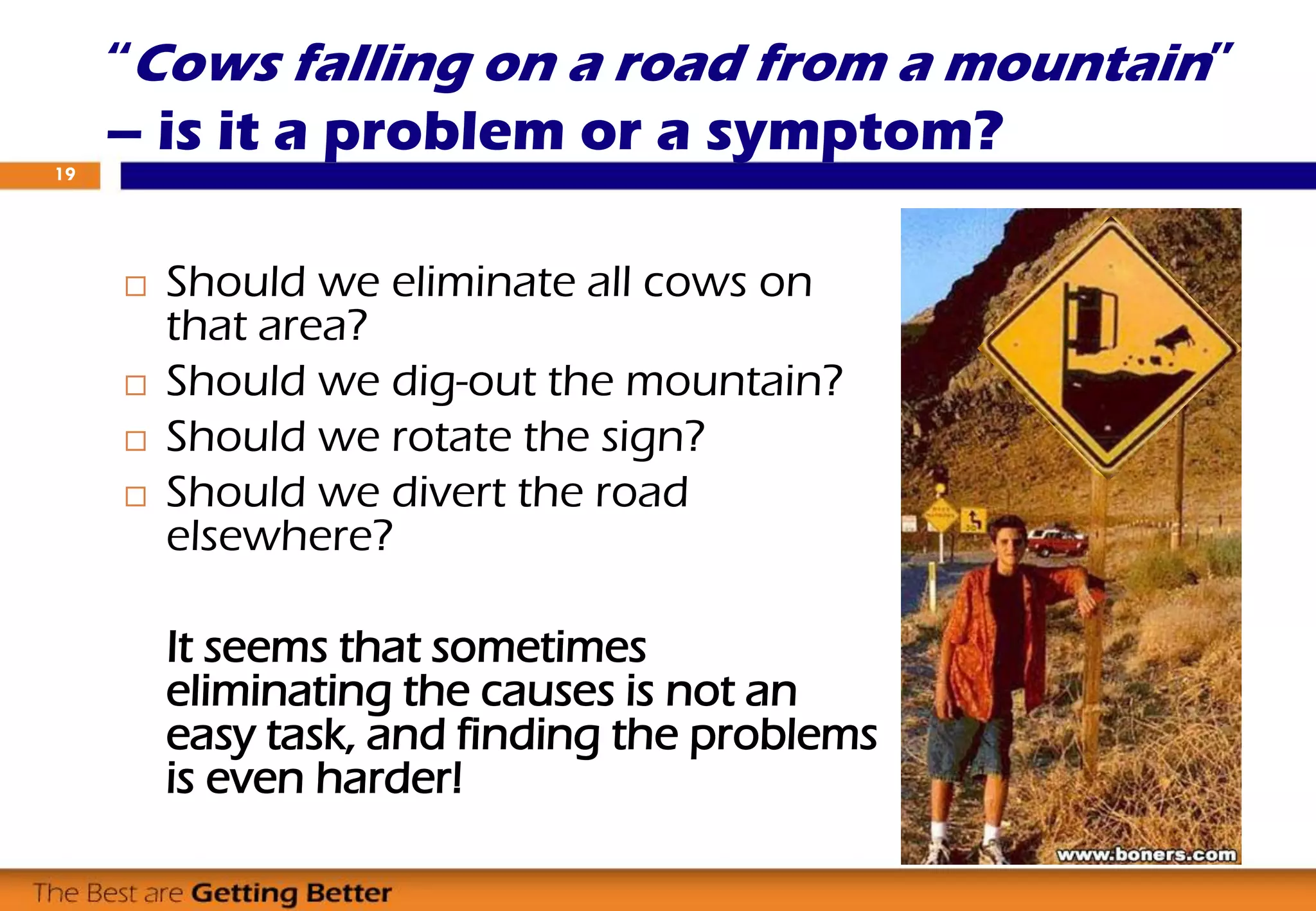 “Cows falling on a road from a mountain”
– is it a problem or a symptom?
 Should we eliminate all cows on
that area?
 Should we dig-out the mountain?
 Should we rotate the sign?
 Should we divert the road
elsewhere?
It seems that sometimes
eliminating the causes is not an
easy task, and finding the problems
is even harder!
19
 
