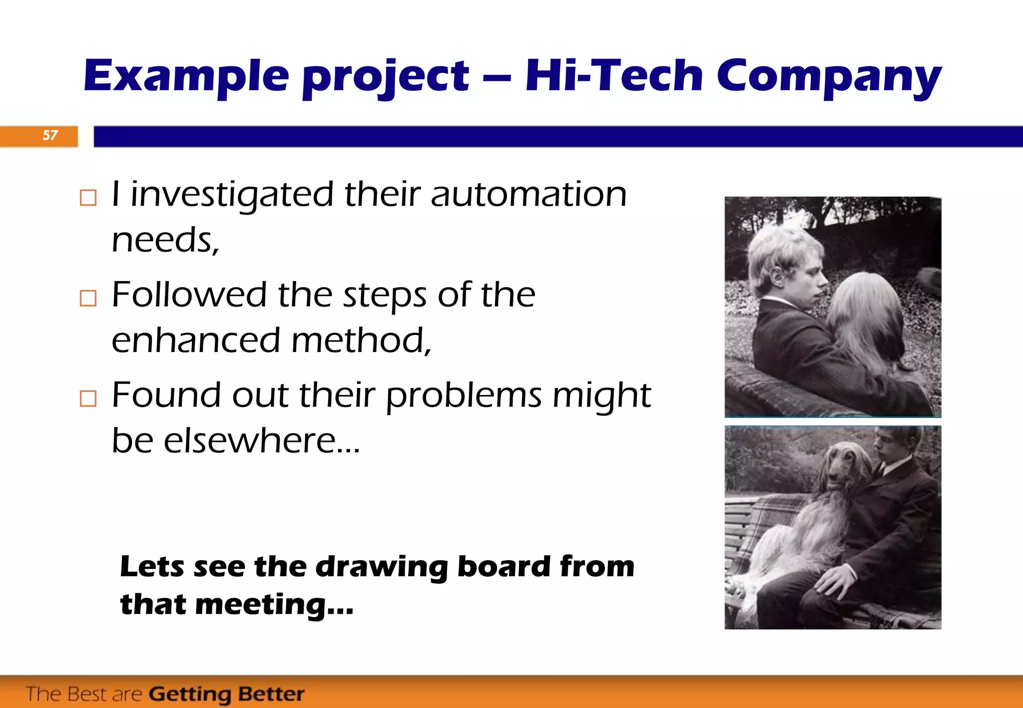  I investigated their automation
needs,
 Followed the steps of the
enhanced method,
 Found out their problems might
be elsewhere…
Example project – Hi-Tech Company
57
Lets see the drawing board from
that meeting…
 
