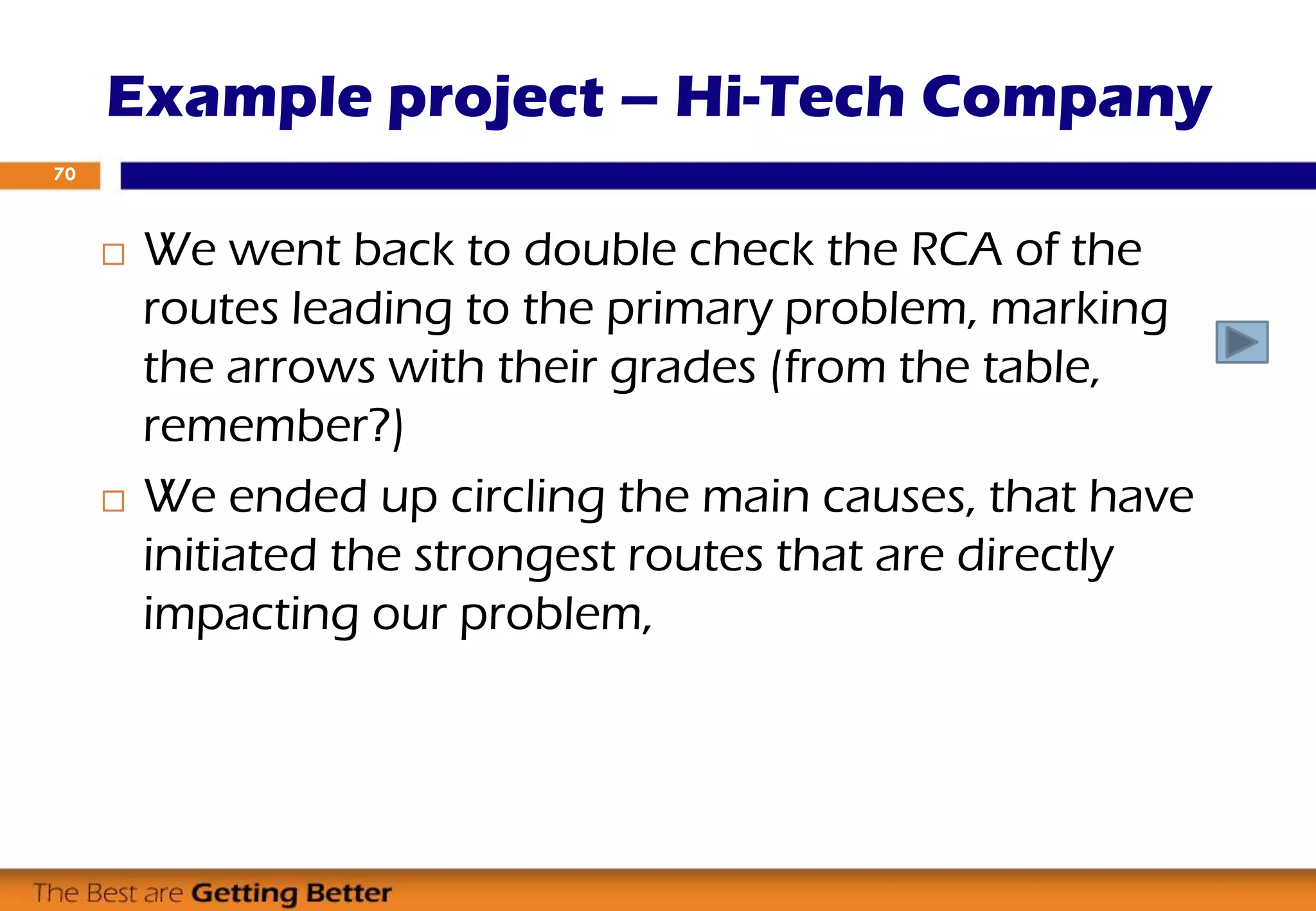  We went back to double check the RCA of the
routes leading to the primary problem, marking
the arrows with their grades (from the table,
remember?)
 We ended up circling the main causes, that have
initiated the strongest routes that are directly
impacting our problem,
Example project – Hi-Tech Company
70
 