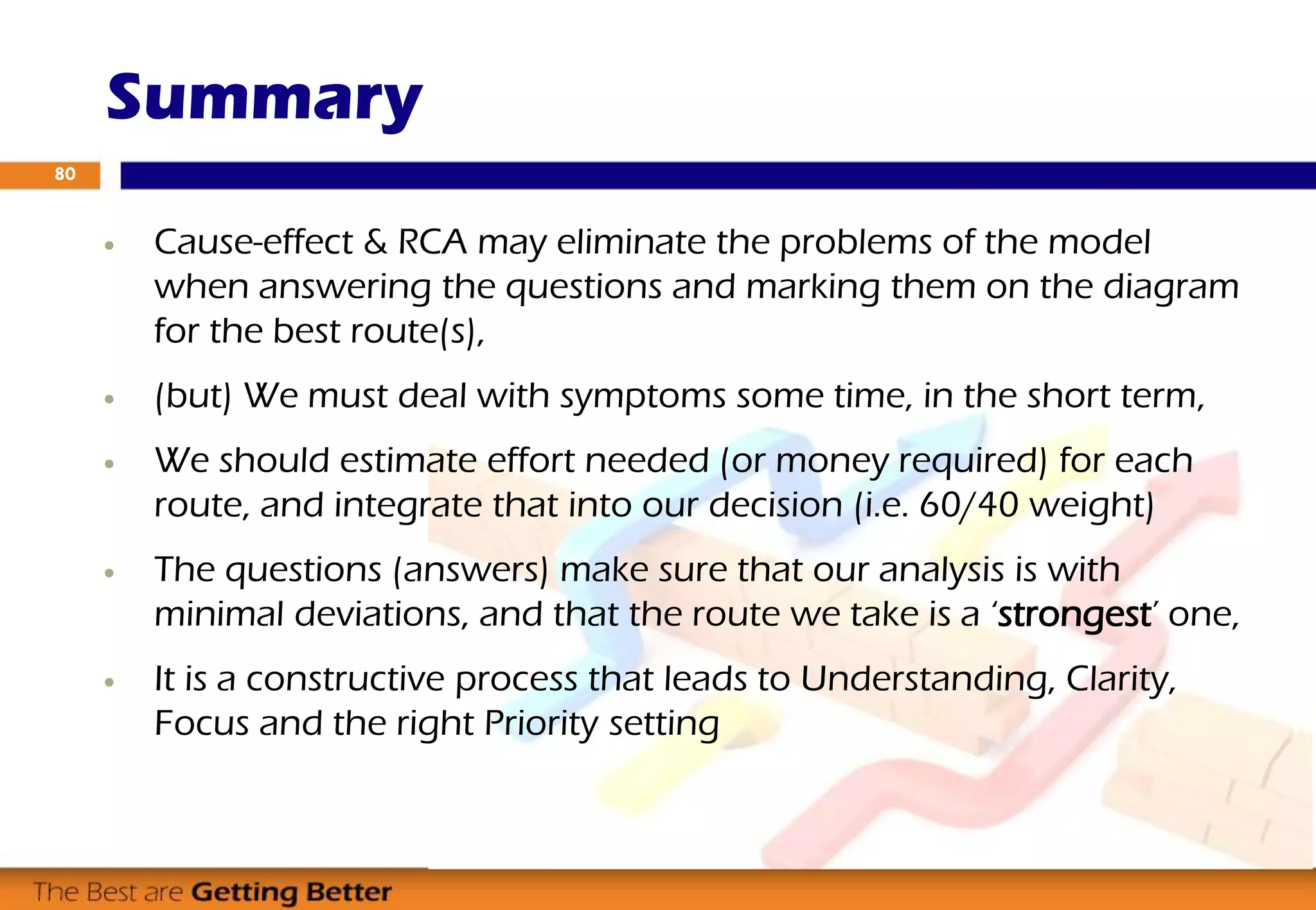  Cause-effect & RCA may eliminate the problems of the model
when answering the questions and marking them on the diagram
for the best route(s),
 (but) We must deal with symptoms some time, in the short term,
 We should estimate effort needed (or money required) for each
route, and integrate that into our decision (i.e. 60/40 weight)
 The questions (answers) make sure that our analysis is with
minimal deviations, and that the route we take is a ‘strongest’ one,
 It is a constructive process that leads to Understanding, Clarity,
Focus and the right Priority setting
Summary
80
 