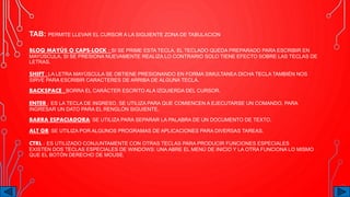 TAB: PERMITE LLEVAR EL CURSOR A LA SIGUIENTE ZONA DE TABULACION
BLOQ MAYÚS O CAPS-LOCK : SI SE PRIME ESTA TECLA, EL TECLADO QUEDA PREPARADO PARA ESCRIBIR EN
MAYÚSCULA, SI SE PRESIONA NUEVAMENTE REALIZA LO CONTRARIO SOLO TIENE EFECTO SOBRE LAS TECLAS DE
LETRAS.
SHIFT : LA LETRA MAYÚSCULA SE OBTIENE PRESIONANDO EN FORMA SIMULTANEA DICHA TECLA TAMBIÉN NOS
SIRVE PARA ESCRIBIR CARACTERES DE ARRIBA DE ALGUNA TECLA.
BACKSPACE : BORRA EL CARÁCTER ESCRITO ALA IZQUIERDA DEL CURSOR.
ENTER : ES LA TECLA DE INGRESO, SE UTILIZA PARA QUE COMIENCEN A EJECUTARSE UN COMANDO, PARA
INGRESAR UN DATO PARA EL RENGLÓN SIGUIENTE.
BARRA ESPACIADORA: SE UTILIZA PARA SEPARAR LA PALABRA DE UN DOCUMENTO DE TEXTO.
ALT GR: SE UTILIZA POR ALGUNOS PROGRAMAS DE APLICACIONES PARA DIVERSAS TAREAS.
CTRL : ES UTILIZADO CONJUNTAMENTE CON OTRAS TECLAS PARA PRODUCIR FUNCIONES ESPECIALES
EXISTEN DOS TECLAS ESPECIALES DE WINDOWS: UNA ABRE EL MENÚ DE INICIO Y LA OTRA FUNCIONA LO MISMO
QUE EL BOTÓN DERECHO DE MOUSE..
 