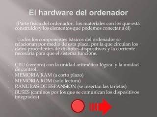 (Parte física del ordenador, los materiales con los que está
construido y los elementos que podemos conectar a él)
Todos los componentes básicos del ordenador se
relacionan por medio de esta placa, por la que circulan los
datos procedentes de distintos dispositivos y la corriente
necesaria para que el sistema funcione.
- CPU (cerebro) con la unidad aritmético-lógica y la unidad
de control.
- MEMORIA RAM (a corto plazo)
- MEMORIA ROM (solo lectura)
- RANURAS DE ESPANSION (se insertan las tarjetas)
- BUSES (caminos por los que se comunican los dispositivos
integrados)
 