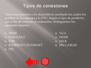  SERIE
 PARALELO
 USB
 ETHERNET/INTERNET
 PS2
 VGA
 HDMI
 JACK
 SIN CABLES
Llamamos puertos a los dispositivos mediante los cuales los
periféricos se conectan a la CPU. Según el tipo de periférico
que se ha de conectar al ordenador, distinguimos los
siguientes puertos.
 
