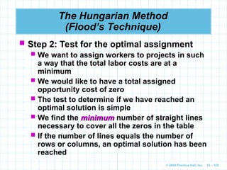 © 2009 Prentice-Hall, Inc. 10 – 105
The Hungarian Method
(Flood’s Technique)
 Step 2: Test for the optimal assignment
 We want to assign workers to projects in such
a way that the total labor costs are at a
minimum
 We would like to have a total assigned
opportunity cost of zero
 The test to determine if we have reached an
optimal solution is simple
 We find the minimum
minimum number of straight lines
necessary to cover all the zeros in the table
 If the number of lines equals the number of
rows or columns, an optimal solution has been
reached
 