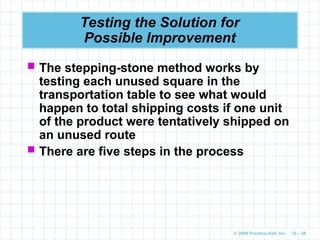 © 2009 Prentice-Hall, Inc. 10 – 26
Testing the Solution for
Possible Improvement
 The stepping-stone method works by
testing each unused square in the
transportation table to see what would
happen to total shipping costs if one unit
of the product were tentatively shipped on
an unused route
 There are five steps in the process
 