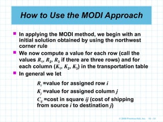 © 2009 Prentice-Hall, Inc. 10 – 51
How to Use the MODI Approach
 In applying the MODI method, we begin with an
initial solution obtained by using the northwest
corner rule
 We now compute a value for each row (call the
values R1, R2, R3 if there are three rows) and for
each column (K1, K2, K3) in the transportation table
 In general we let
Ri =value for assigned row i
Kj =value for assigned column j
Cij =cost in square ij (cost of shipping
from source i to destination j)
 