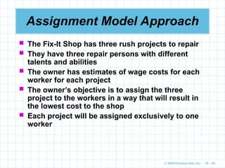 © 2009 Prentice-Hall, Inc. 10 – 95
Assignment Model Approach
 The Fix-It Shop has three rush projects to repair
 They have three repair persons with different
talents and abilities
 The owner has estimates of wage costs for each
worker for each project
 The owner’s objective is to assign the three
project to the workers in a way that will result in
the lowest cost to the shop
 Each project will be assigned exclusively to one
worker
 
