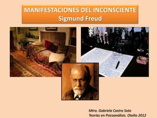 MANIFESTACIONES DEL INCONSCIENTE
         Sigmund Freud




                  Mtra. Gabriela Castro Soto
                  Teorías en Psicoanálisis. Otoño 2012
 