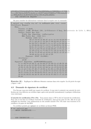 gYEAHOwGNN6A8d4EhjfXCRvC2fhIjt7i6jxfkHKBkHpm2yNBBDHQwiv+O/Y0MeNh
I r a+y8KUMjeImsSiH4731sfgA6ycm+6JoDV7n6z8tzN5QMGsw7V3ErduskayKP4T
j a+BMImEcDwlr+KuRO704rGeiAG7pvtDGcDcj2Mex68ki94=
−−−−−END CERTIFICATE REQUEST  −−−−−

   On peut consulter les informations contenues dans la requˆte avec la commande
                                                            e
$ o p e n s s l r e q −c o n f i g r e q . c n f −i n maRequete . pem −t e x t −noout
C e r t i f i c a t e Request :
       Data :
                V e r s i o n : 0 ( 0 x0 )
                S u b j e c t : C=FR, ST=Nord ( 5 9 ) , L=V i l l e n e u v e d ’ Ascq , O=U n i v e r s i t e de L i l l e 1 , OU=L i
                S u b j e c t P u b l i c Key I n f o :
                        P u b l i c Key Algorithm : r s a E n c r y p t i o n
                        RSA P u b l i c Key : ( 1 0 2 4 b i t )
                                Modulus ( 1 0 2 4 b i t ) :
                                        0 0 : a f : 7 9 : 5 8 : cb : 9 6 : d7 : a f : 4 c : 2 e : 6 4 : 4 8 : 0 8 : 9 3 : 6 2 :
                                        3 1 : c c : 5 6 : e0 : 1 1 : f 3 : 4 0 : c7 : 3 0 : b5 : 8 2 : a7 : 7 0 : 4 e : 5 5 :
                                        9 e : 3 d : 7 9 : 7 c : 2 b : 6 9 : 7 c : 4 e : e c : 0 7 : ca : 5 a : 9 0 : 3 9 : 8 3 :
                                        4c :05:66:06:4 d :11:12:1 f :15:86:82:9 e : f6 :90:0 d :
                                        0 0 : 3 e : f 4 : 1 4 : 4 8 : 7 e : c4 : 9 2 : a f : 7 a : 1 2 : c3 : 4 3 : 3 2 : e5 :
                                        2 0 : f a : 7 a : 0 d : 7 9 : b f : 4 5 : 6 6 : 2 6 : 6 b : c f : 7 7 : c2 : e0 : 0 7 :
                                        2 a : 4 9 : 1 d : ba : f a : 7 f : 9 3 : 1 7 : 5 a : a9 : ed : b f : 3 a : 7 4 : 4 2 :
                                        f 8 : 3 a : 7 5 : d7 : 8 d : a5 : 4 2 : 2 b : aa : 4 9 : 2 1 : e2 : e0 : d f : 1 c :
                                        5 0 : d6 : ab : 2 a : e4 : 4 1 : 4 0 : a f : 2 b
                                Exponent : 65537 ( 0 x10001 )
                Attributes :
                        a0 : 0 0
       S i g n a t u r e Algorithm : md5WithRSAEncryption
                1 c : e c : 0 6 : 3 4 : de : 8 0 : f 1 : de : 0 4 : 8 6 : 3 7 : d7 : 0 9 : 1 b : c2 : d9 : f 8 : 4 8 :
                8 e : de : e2 : ea : 3 c : 5 f : 9 0 : 7 2 : 8 1 : 9 0 : 7 a : 6 6 : db : 2 3 : 4 1 : 0 4 : 3 1 : d0 :
                c2 : 2 b : f e : 3 b : f 6 : 3 4 : 3 1 : e3 : 6 1 : 2 2 : b6 : be : cb : c2 : 9 4 : 3 2 : 3 7 : 8 8 :
                9 a : c4 : a2 : 1 f : 8 e : f 7 : d6 : c7 : e0 : 0 3 : ac : 9 c : 9 b : e e : 8 9 : a0 : 3 5 : 7 b :
                9 f : ac : f c : b7 : 3 3 : 7 9 : 4 0 : c1 : ac : c3 : b5 : 7 7 : 1 2 : b7 : 6 e : b2 : 4 6 : b2 :
                2 8 : f e : 1 3 : 8 d : a f : 8 1 : 3 0 : 8 9 : 8 4 : 7 0 : 3 c : 2 5 : a f : e2 : ae : 4 4 : e e : f 4 :
                e2 : b1 : 9 e : 8 8 : 0 1 : bb : a6 : f b : 4 3 : 1 9 : c0 : dc : 8 f : 6 3 : 1 e : c7 : a f : 2 4 :
                8b : de


Exercice 10 : Explliquez les diﬀ´rents ´l´ments contenus dans cette requˆte. La cl´ priv´e du sujet
                                e      ee                               e         e     e
y ﬁgure–t–elle ?

4.3     Demande de signature de certiﬁcat
   Une fois que vous avez ´tabli une requete de certiﬁcat, il vous reste ` contacter une autorit´ de certi-
                           e                                             a                      e
ﬁcation qui vous d´livrera un certiﬁcat sign´, apr`s avoir proc´d´ (normalement) ` quelques v´riﬁcations
                  e                         e     e            e e                 a           e
vous concernant.

L’autorit´ de certiﬁcation P`re Ubu Vous jouerez dans ce TP le rˆle de l’autorit´ de certiﬁcation.
           e                     e                                         o             e
Pour cela il vous faut un certiﬁcat d’autorit´ de certiﬁcation, ainsi qu’une paire de cl´s. Aﬁn de ne pas
                                               e                                        e
multiplier les autorit´s, vous utilisereztous la tr`s notable autorit´ P`re Ubu dont vous trouverez ici le
                      e                            e                 e e
certiﬁcat et la paire de cl´s RSA.
                           e
   Un certiﬁcat produit par openssl est un ﬁchier au format PEM.
$ c a t u n C e r t i f . pem
−−−−−BEGIN CERTIFICATE−−−−−

      ....

−−−−−END CERTIFICATE−−−−−


                                                         6
 