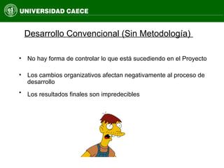 Desarrollo Convencional (Sin Metodología)
• No hay forma de controlar lo que está sucediendo en el Proyecto
• Los cambios organizativos afectan negativamente al proceso de
desarrollo
• Los resultados finales son impredecibles
 