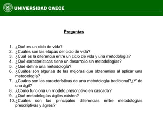 1. ¿Qué es un ciclo de vida?
2. ¿Cuáles son las etapas del ciclo de vida?
3. ¿Cuál es la diferencia entre un ciclo de vida y una metodología?
4. ¿Qué características tiene un desarrollo sin metodologías?
5. ¿Qué define una metodología?
6. ¿Cuáles son algunas de las mejoras que obtenemos al aplicar una
metodología?
7. ¿Cuáles son las características de una metodología tradicional?¿Y de
una ágil?
8. ¿Cómo funciona un modelo prescriptivo en cascada?
9. ¿Qué metodologías ágiles existen?
10.¿Cuáles son las principales diferencias entre metodologías
prescriptivas y ágiles?
Preguntas
 