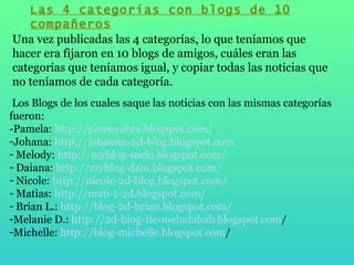 Las 4 categorías con blogs de 10 compañeros Una vez publicadas las 4 categorías, lo que teníamos que hacer era fijaron en 10 blogs de amigos, cuáles eran las categorías que teníamos igual, y copiar todas las noticias que no teníamos de cada categoría. Los Blogs de los cuales saque las noticias con las mismas categorías  fueron: -Pamela:  http:// pameyabra . blogspot . com / Johana:  http:// johanna -2d- blog . blogspot . com Melody:  http:// myblog - melo . blogspot . com / Daiana:  http:// myblog - daiu . blogspot . com / Nicole:  http:// nicole -2d- blog . blogspot . com / Matias:  http:// mati -t-2d. blogspot . com / Brian L.:  http:// blog -2d- brian . blogspot . com / Melanie D.:  http://2d- blog -tic- meludahab . blogspot . com /   Michelle:  http:// blog - michelle . blogspot . com / 