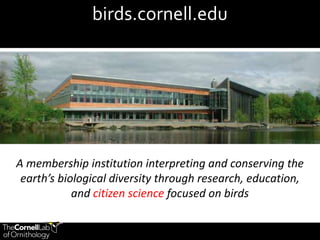 A membership institution interpreting and conserving the
earth’s biological diversity through research, education,
and citizen science focused on birds
birds.cornell.edu
 