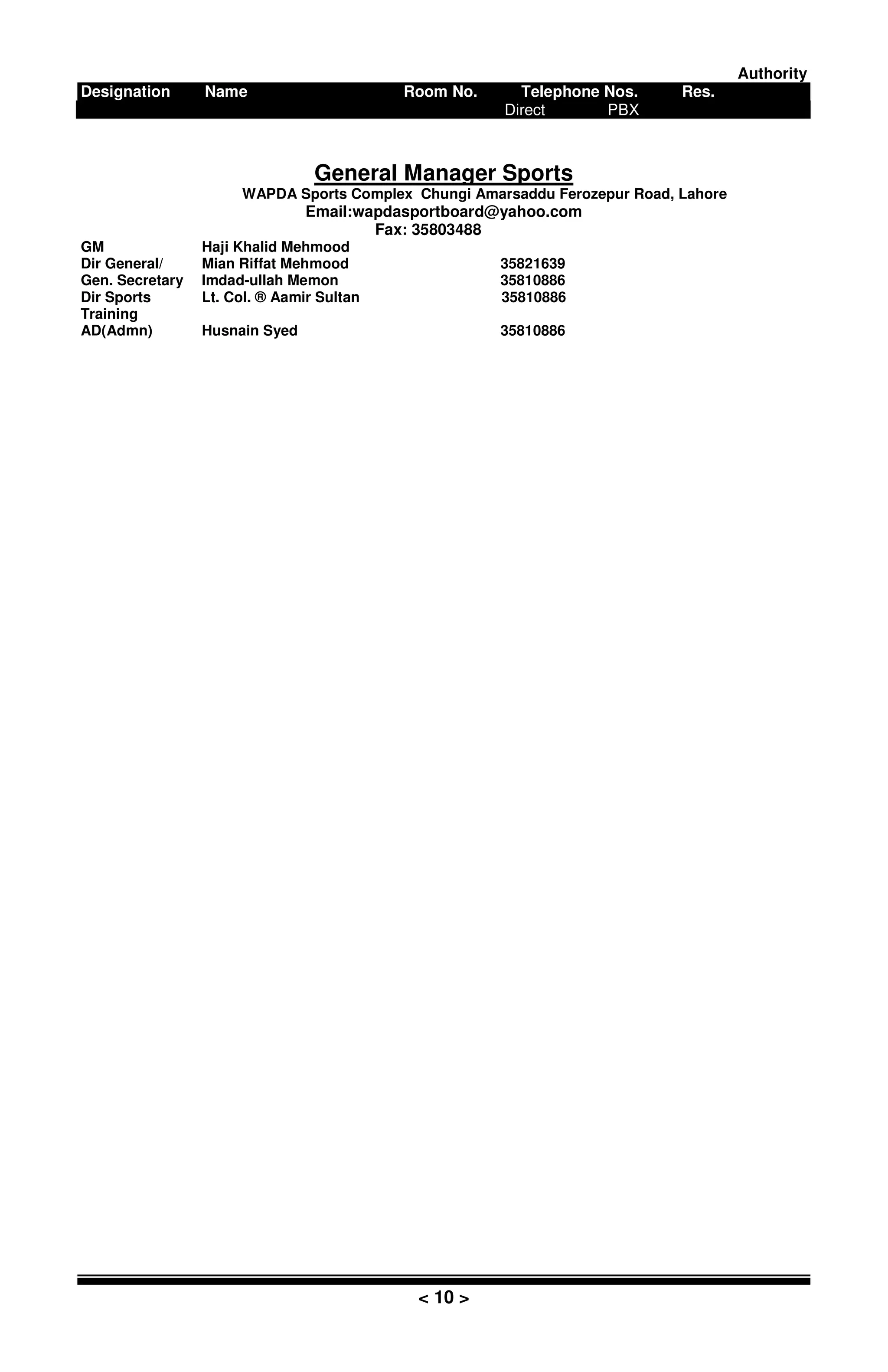 Authority
Designation Name Room No. Telephone Nos. Res.
Direct PBX
< 10 >
General Manager Sports
WAPDA Sports Complex Chungi Amarsaddu Ferozepur Road, Lahore
Email:wapdasportboard@yahoo.com
Fax: 35803488
GM Haji Khalid Mehmood
Dir General/ Mian Riffat Mehmood 35821639
Gen. Secretary Imdad-ullah Memon 35810886
Dir Sports Lt. Col. ® Aamir Sultan 35810886
Training
AD(Admn) Husnain Syed 35810886
 