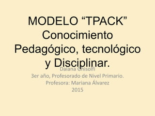 MODELO “TPACK”
Conocimiento
Pedagógico, tecnológico
y Disciplinar.Daiana Ghisolfi
3er año, Profesorado de Nivel Primario.
Profesora: Mariana Álvarez
2015
 