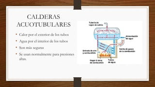 CALDERAS
ACUOTUBULARES
• Calor por el exterior de los tubos
• Agua por el interior de los tubos
• Son más seguras
• Se usan normalmente para presiones
altas.
 