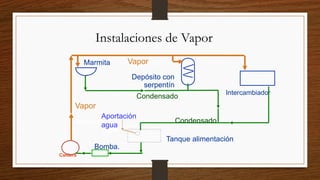 Caldera
Marmita
Bomba.
Tanque alimentación
Alimentación
agua
Condensado
Condensado
Vapor
Vapor
Depósito con
serpentín
Intercambiador
Aportación
agua
Instalaciones de Vapor
 