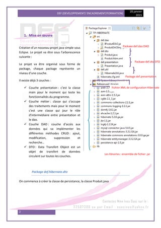 DEF (DEVELOPPEMENT/ ENCADREMENT/FORMATION)
20 janvier
2015
2
1. Mise en œuvre
Création d’un nouveau projet java simple sous
Eclipse. Le projet va être sous l’arborescence
suivante :
Le projet va être organisé sous forme de
package, chaque package représente un
niveau d’une couche.
Il existe déjà 3 couches :
 Couche présentation : c’est la classe
main pour le moment qui teste les
fonctionnalités du programme.
 Couche métier : classe qui s’occupe
des traitements mais pour le moment
c’est une classe qui jour le rôle
d’intermédiaire entre présentation et
le dao.
 Couche DAO : couche d’accès aux
données qui va implémenter les
différentes méthodes CRUD : ajout,
modification, suppression et
recherche…
 DTO : Data Transfert Object est un
objet de transfert de données
circulent sur toutes les couches.
Package def.hibernate.dto
On commence à créer la classe de persistance, la classe Produit.java
Package def.dao DAO
Package def.dto DTO
Package def.presentation
Les librairies : ensemble de fichier .jar
Fichier XML de configuration Hibernate
 