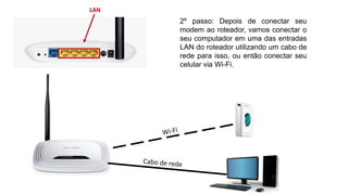 LAN
2º passo: Depois de conectar seu
modem ao roteador, vamos conectar o
seu computador em uma das entradas
LAN do roteador utilizando um cabo de
rede para isso, ou então conectar seu
celular via Wi-Fi.
 
