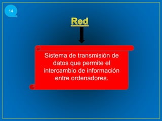 Sistema de transmisión de
datos que permite el
intercambio de información
entre ordenadores.
14
 