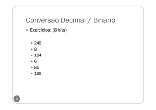 Conversão Decimal / Binário
Exercícios: (8 bits)
240
8
194
6
85
199
17
 