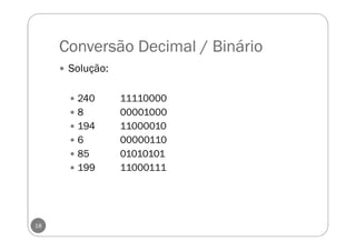 Conversão Decimal / Binário
Solução:
240 11110000
8 00001000
194 11000010
6 00000110
85 01010101
199 11000111
18
 