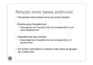 Relação entre bases potências
27
Conversão entre bases torna-se muito simples
Binário para hexadecimal
Cada grupo de 4 (quatro) bits vai corresponder a um
valor hexadecimal
Hexadecimal para binário
Cada algarismo hexadecimal vai corresponder a 4
(quatro) bits
Em octal o princípio é o mesmo mas usam-se grupos
de 3 (três) bits
 