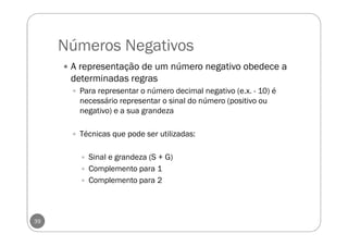 Números Negativos
39
A representação de um número negativo obedece a
determinadas regras
Para representar o número decimal negativo (e.x. - 10) é
necessário representar o sinal do número (positivo ou
negativo) e a sua grandeza
Técnicas que pode ser utilizadas:
Sinal e grandeza (S + G)
Complemento para 1
Complemento para 2
 