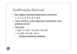Codificação Decimal
Dez dígitos representados pelos símbolos:
0, 1, 2, 3, 4, 5, 6, 7, 8, 9
Num número, cada algarismo representa uma
potência de 10
Exemplo:
159 = 1 x 10² + 5 x 10¹ + 9 x 10º
1 x 100 + 5 x 10 + 9 x 1
centenascentenascentenascentenas dezenasdezenasdezenasdezenas unidadesunidadesunidadesunidades
4
 