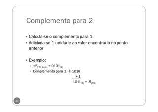 Complemento para 2
43
Calcula-se o complemento para 1
Adiciona-se 1 unidade ao valor encontrado no ponto
anterior
Exemplo:
+5(10) 4bits = 0101(2)
Complemento para 1 1010
+ 1
1011(2) = -5(10)
 