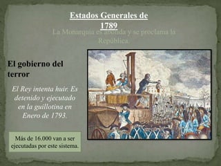 Estados Generales de
1789
La Monarquía es abolida y se proclama la
República.
El Rey intenta huir. Es
detenido y ejecutado
en la guillotina en
Enero de 1793.
El gobierno del
terror
Más de 16.000 van a ser
ejecutadas por este sistema.
 